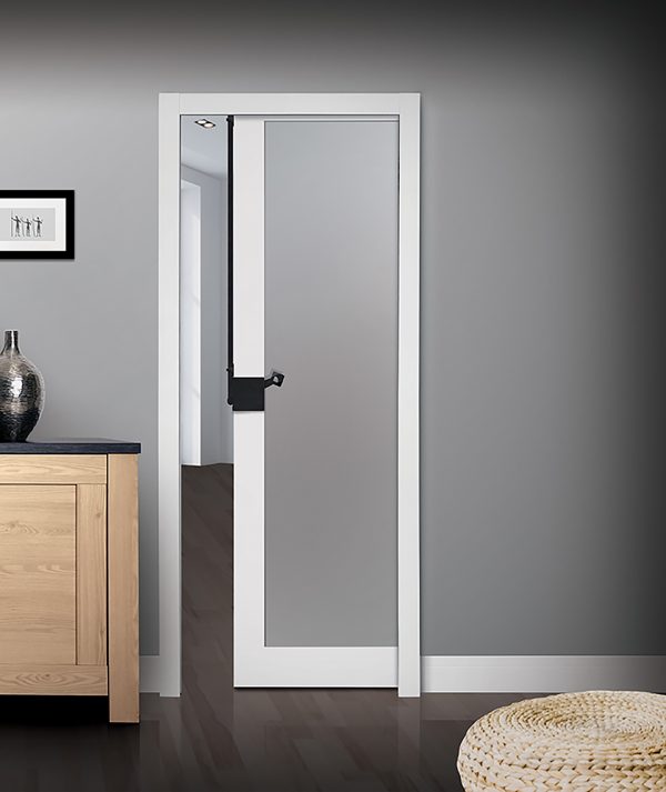 Close up of closed wooden door in the empty room with copy space