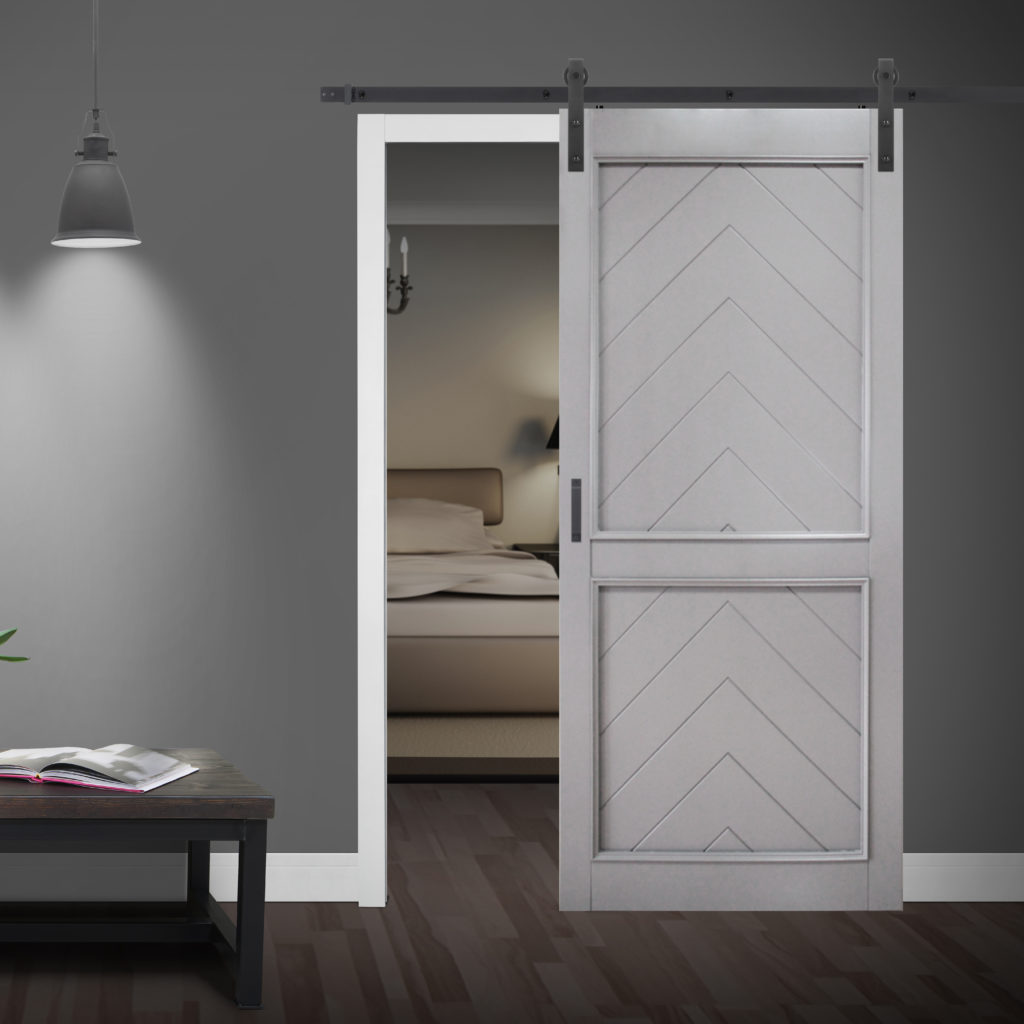 Close up of closed wooden door in the empty room with copy space Close up of closed wooden door in the empty room with copy space