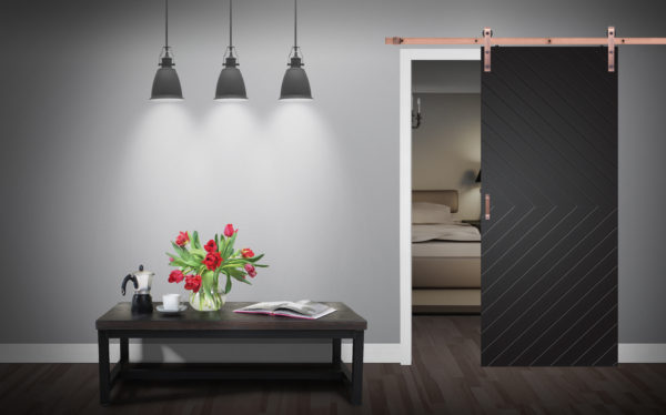 Close up of closed wooden door in the empty room with copy space