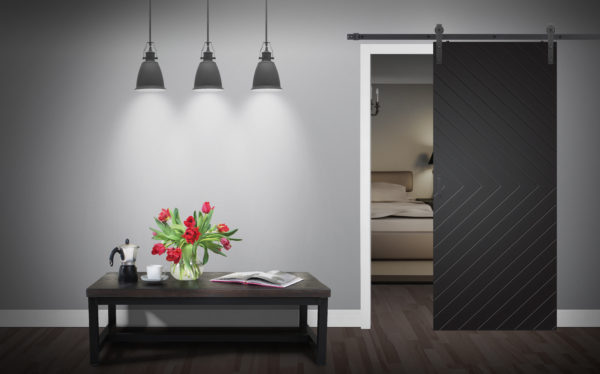 Close up of closed wooden door in the empty room with copy space