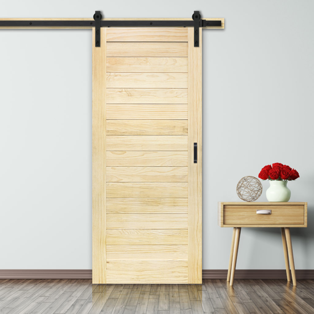 Interior of room with wooden side table 3d render Unfinished barn door horizontal plank design in a room with matching side table