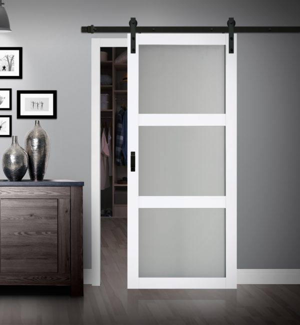 Close up of closed wooden door in the empty room with copy space