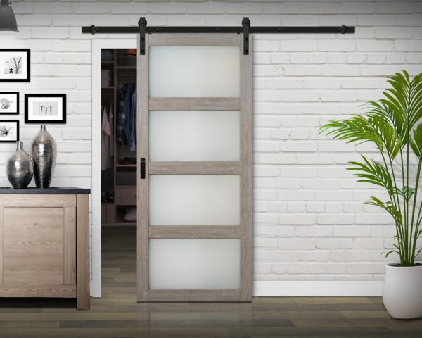 Close up of closed wooden door in the empty room with copy space