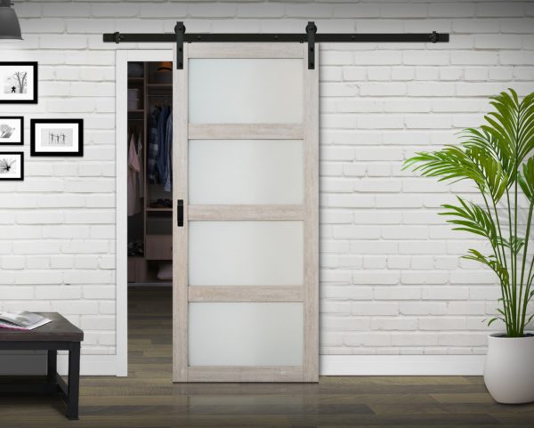 Close up of closed wooden door in the empty room with copy space