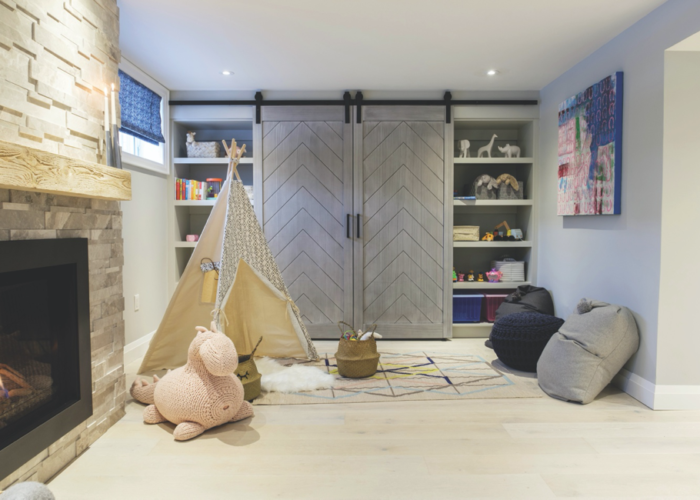 Herringbone Chevron-Design Complete Barn Door Kit – Featured in Property Brothers Herringbone Double Barn Door's in a children's playroom.