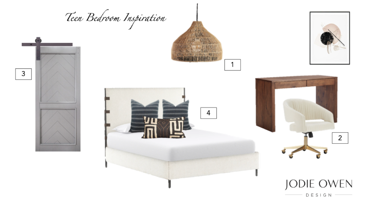 teen-inspo Collage of images that includes grey sliding closet barn door, white bed frame, and wooden desk.