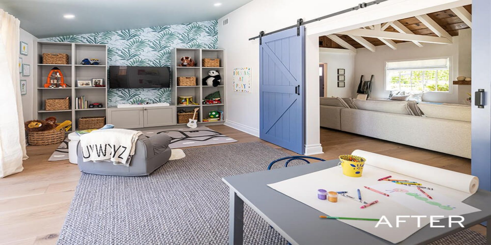 Sierra K-Design Biparting Barn Door Kit used by Property Brothers - painted in 'Searching Blue' by 'HGTV Home by Sherwin Williams'