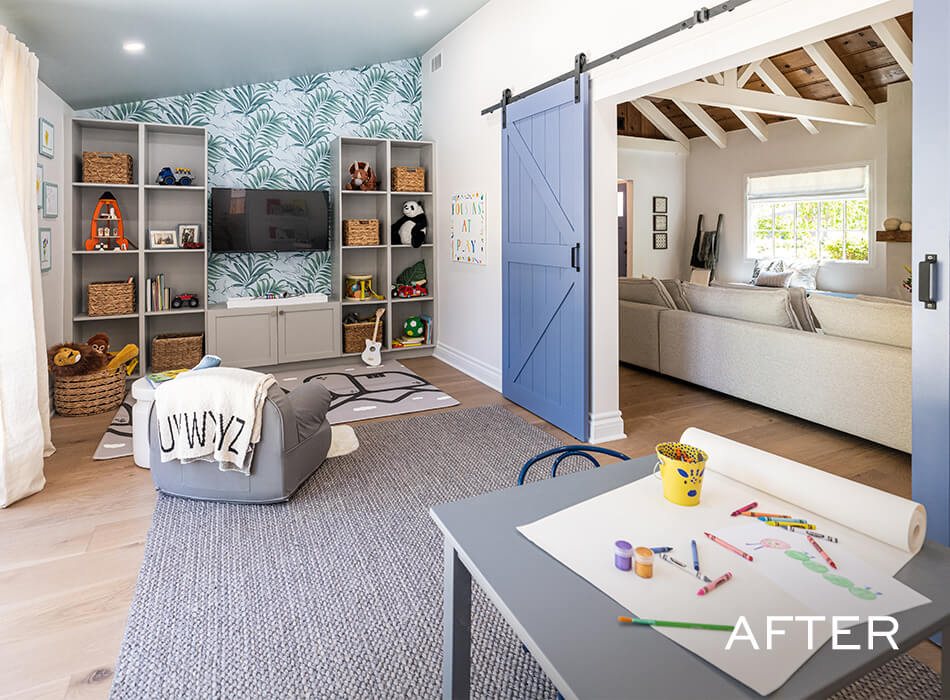 Sierra K-Design Biparting Barn Door Kit used by Property Brothers - painted in 'Searching Blue' by 'HGTV Home by Sherwin Williams'