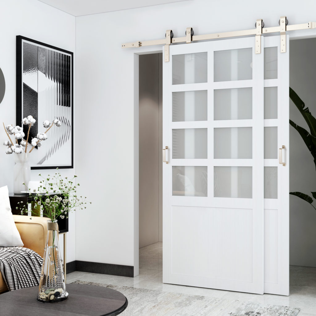 targeted transparency Provincial 8-Lite Design Single Track Bypass Hardware Barn Door Kit