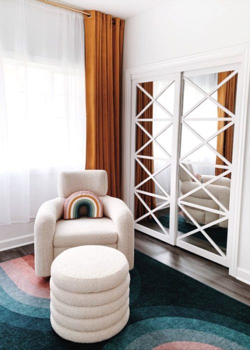 Rainbow Themed Nursery Corner by T.J. and Jen (@wewokeupinthis) on Instagram Using Our Lace Multi X-Design White Bypass Closet Doors