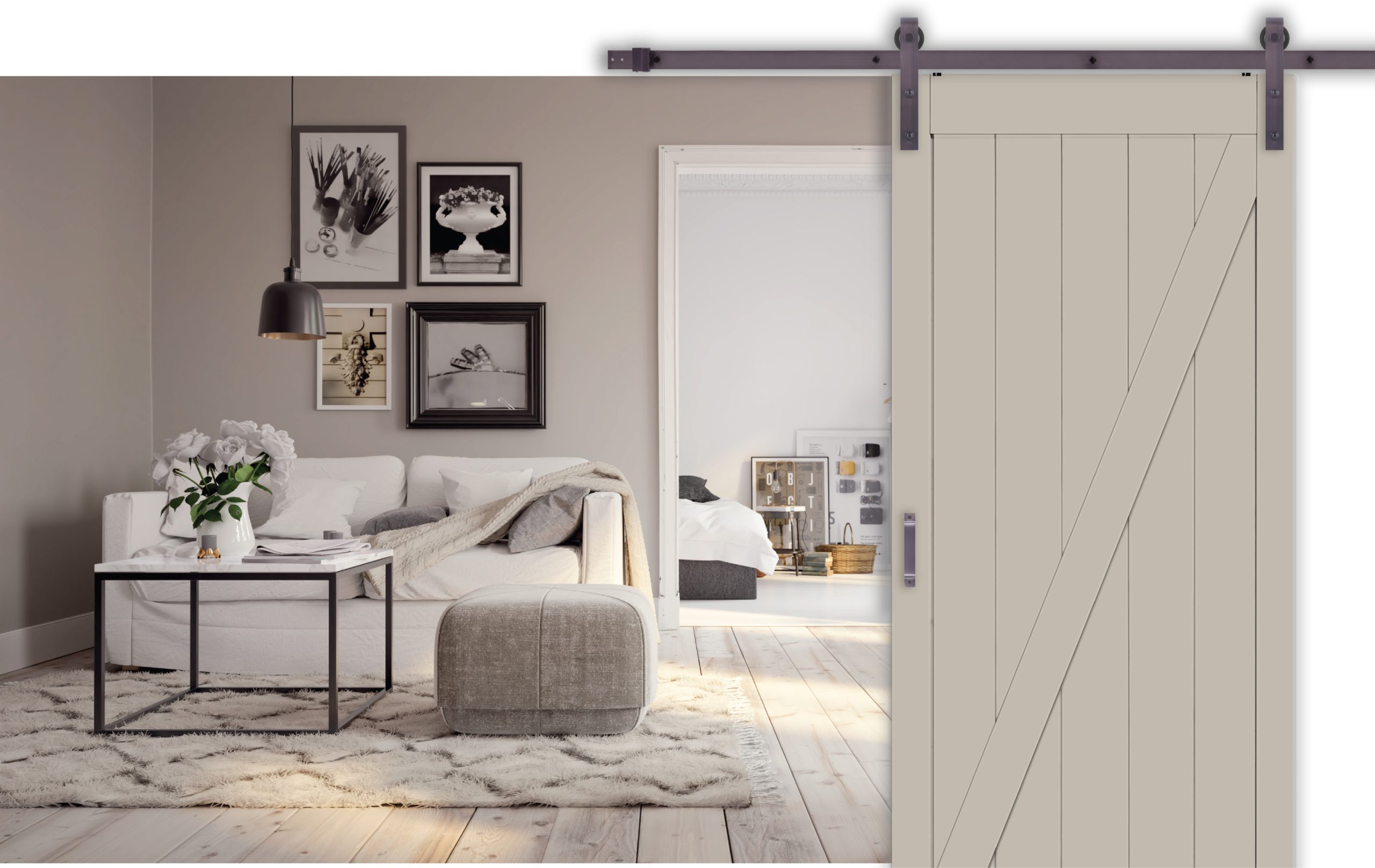 A barn door painted with Baby Fawn Benjamin Moore OC-15, in a living room with warm undertones