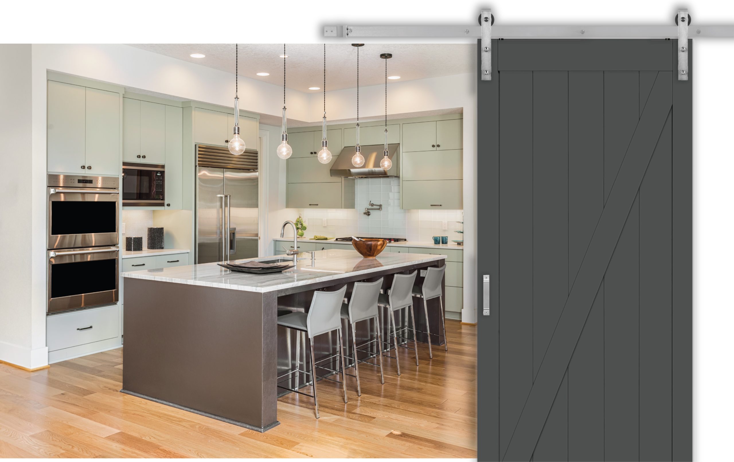 A barn door painted with Hematite by Behr N460-6, in a modern kitchen.